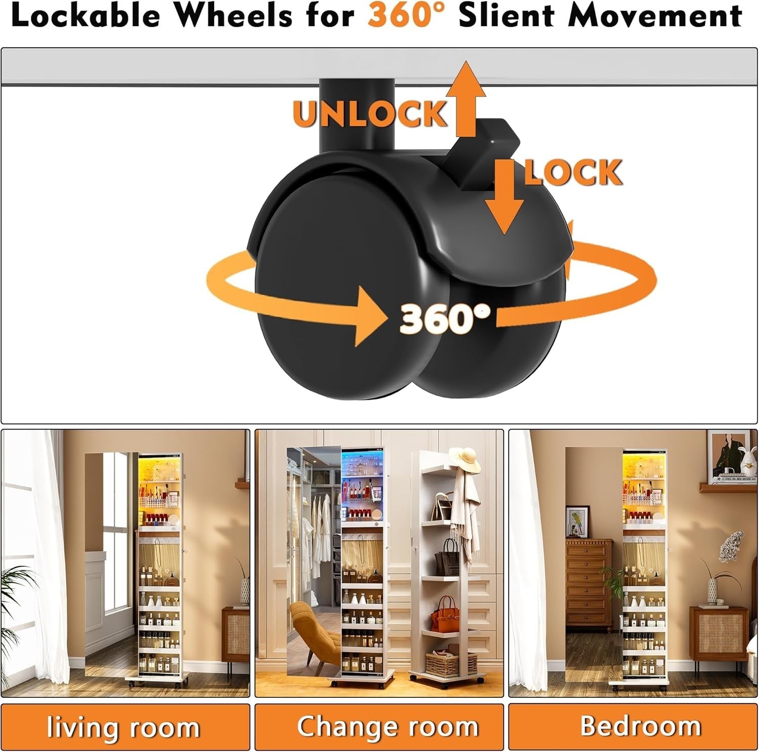 White 360° Rotating LED Jewelry Cabinet Mirror Lockable Rolling Storage