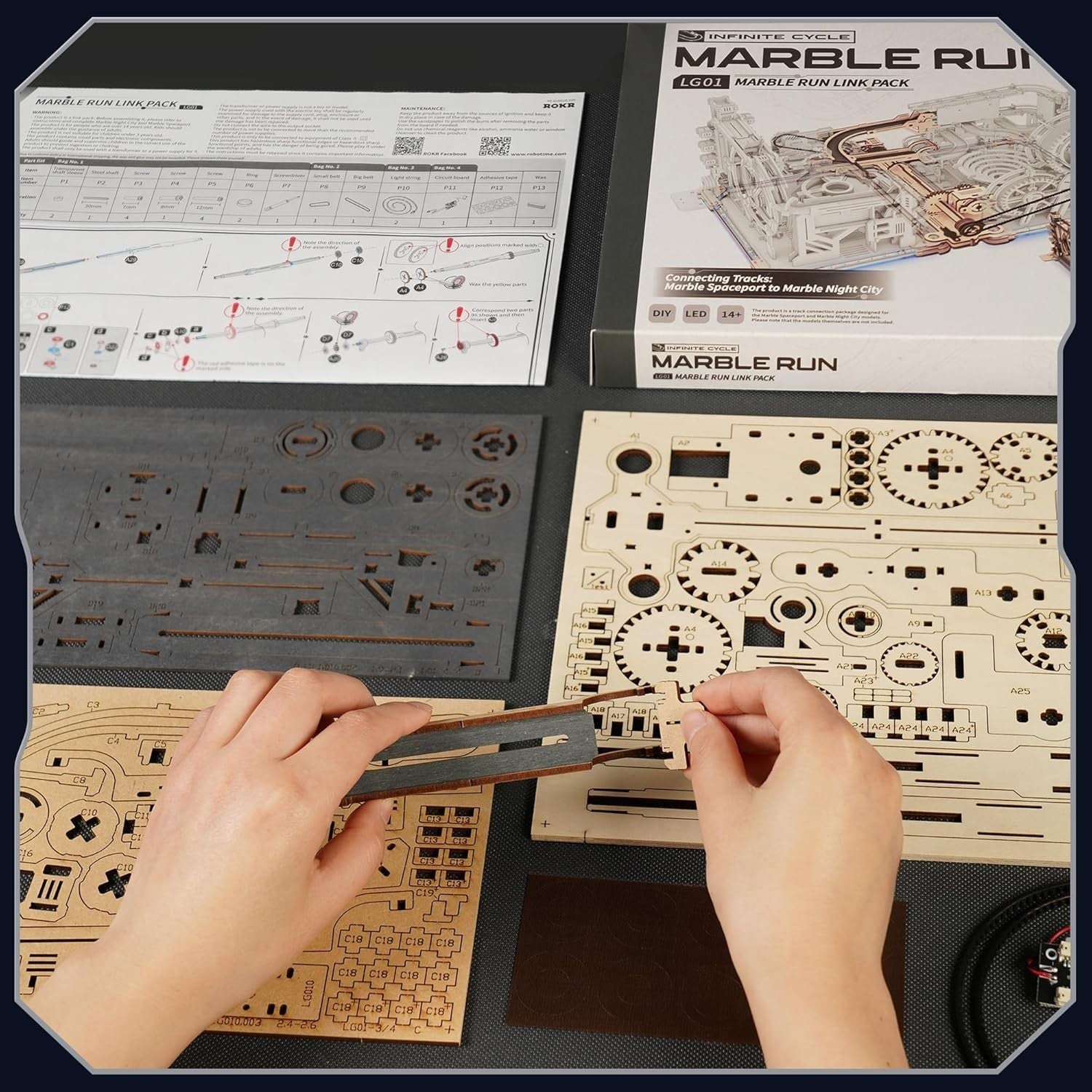 Wooden Marble Run Connection Kit with LED Light & Easy Assembly