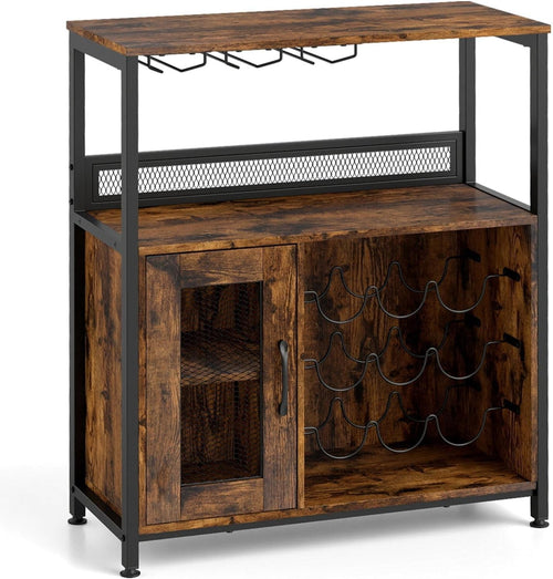 Rustic Industrial Wine Bar Cabinet with Wine Rack, Glass Holders & Storage