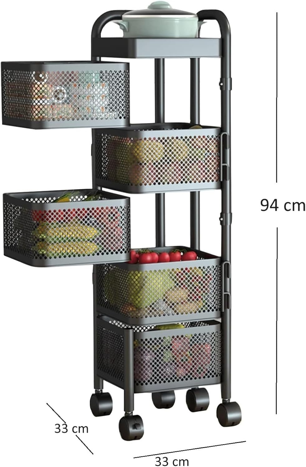 5 Tier Rolling Fruit Vegetable Storage Basket Metal Kitchen Trolley