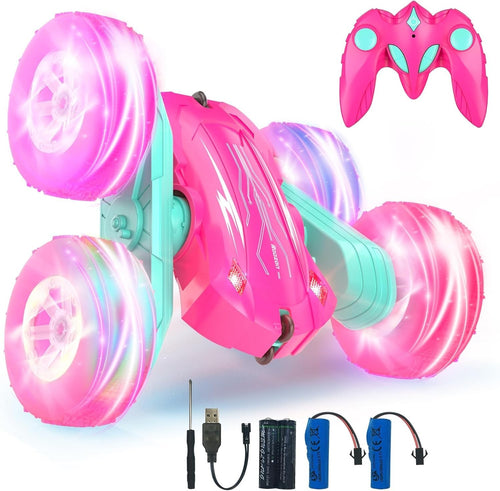 Pink RC Car 4WD 360° Stunt Car with LED Lights Gift for Girls Boys Age 3-12