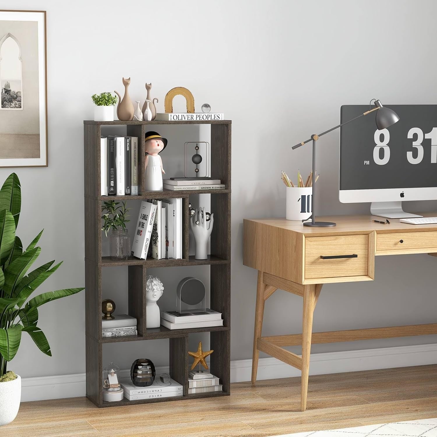 5-Tier Grey Geometric Bookcase Tall Cube Storage Shelf for Living Room Office