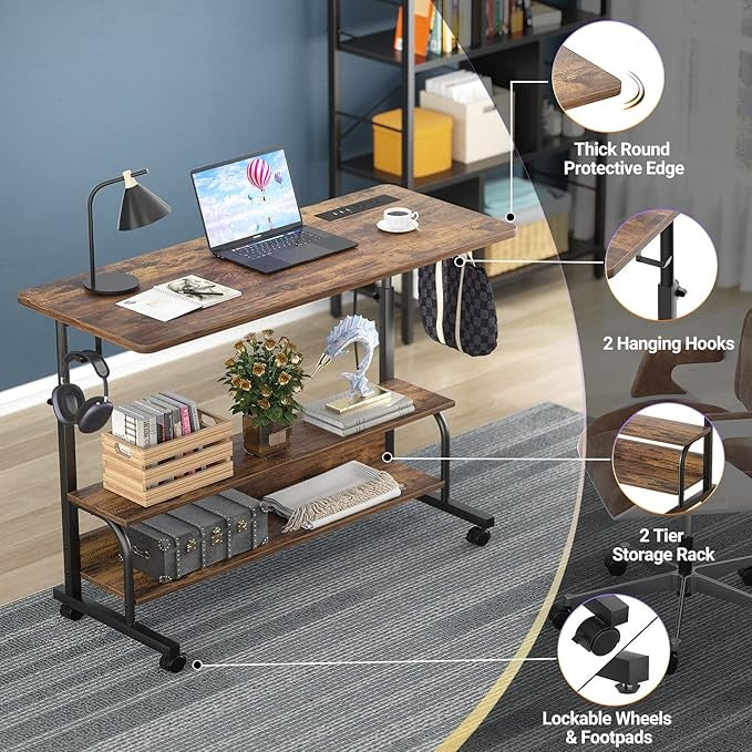 Rolling Standing Desk Adjustable Height Power USB C-Shaped Mobile Table