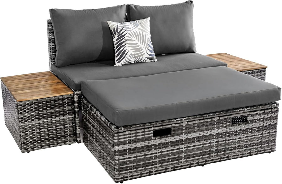 Outdoor Rattan Daybed Set with Storage Ottoman & Side Tables, Weatherproof Patio