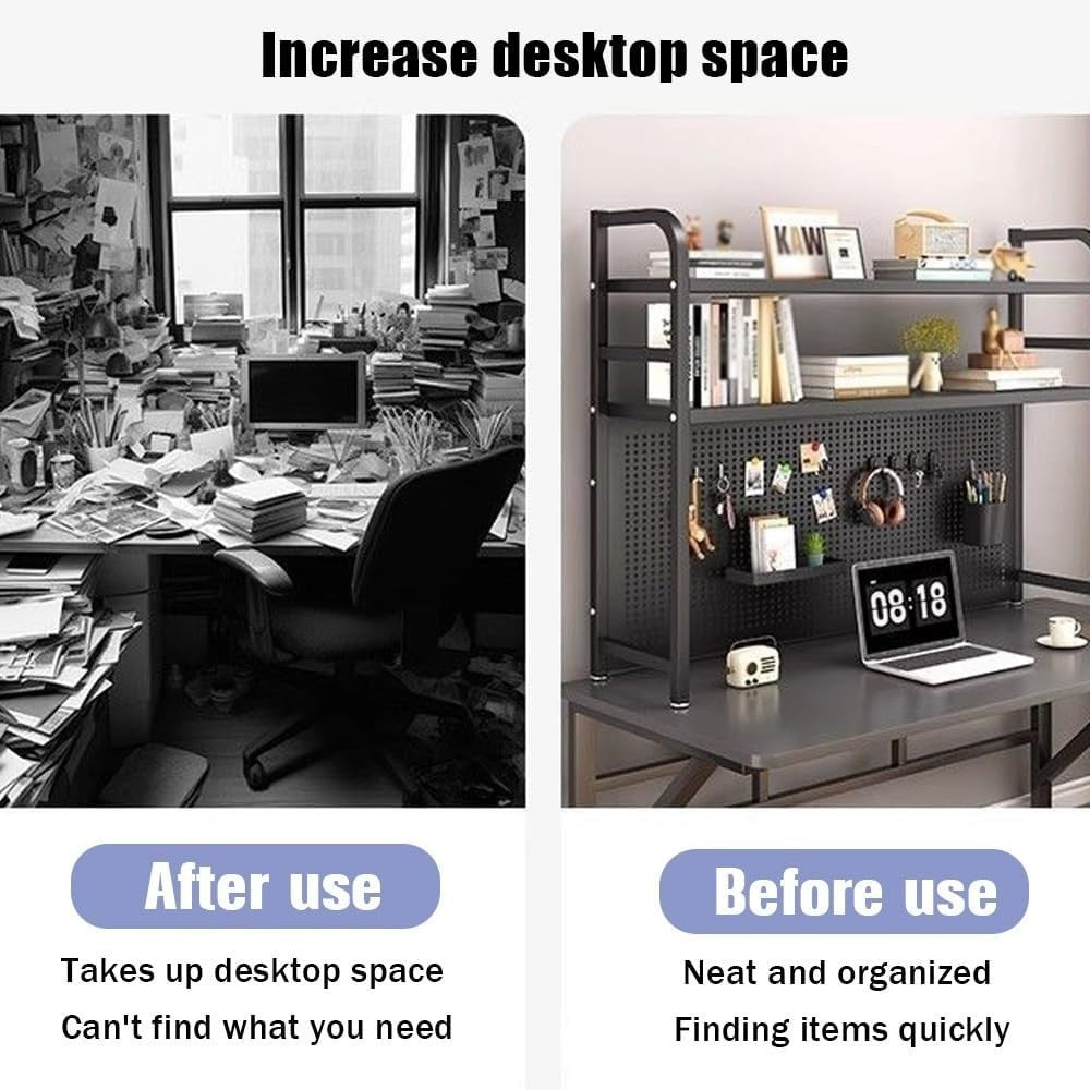 Black 75cm Desk Hutch Bookshelf w/ Pegboard | Metal Countertop Organizer Rack