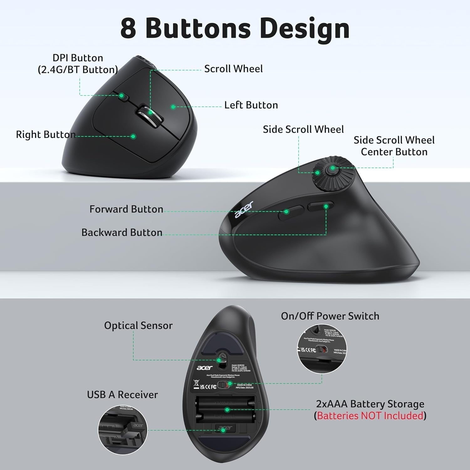 Vertical Ergonomic Wireless Mouse 4000 DPI Bluetooth 8 Buttons