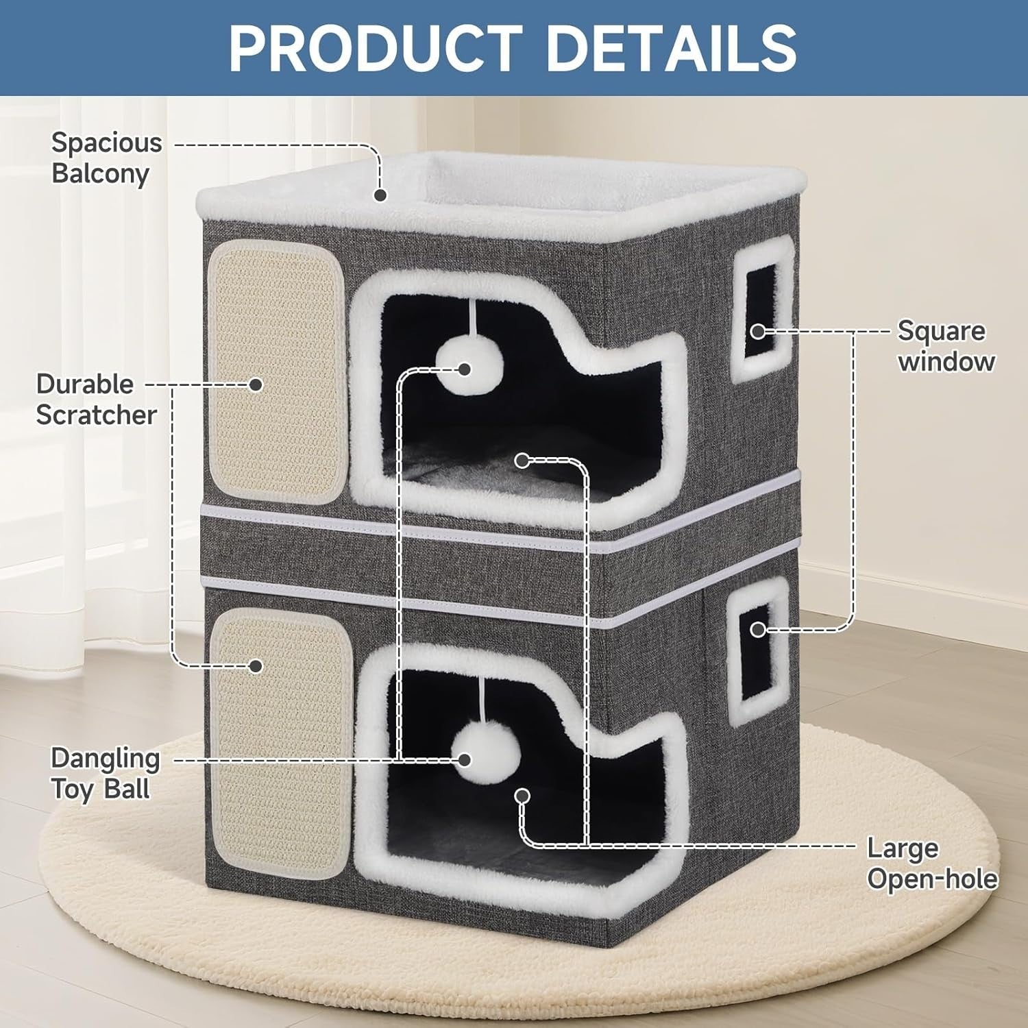 3 Layer Cat House Foldable Cat Cube Cave Condo w Scratch Pads Grey