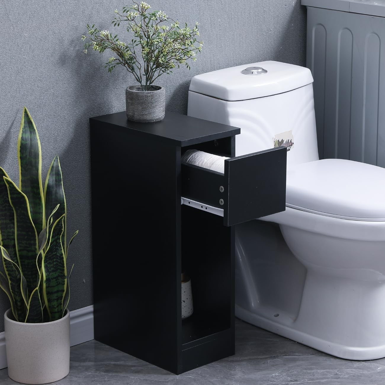 Slim Black Storage Cabinet with Drawer – Modern Narrow Bedside & Bathroom Unit
