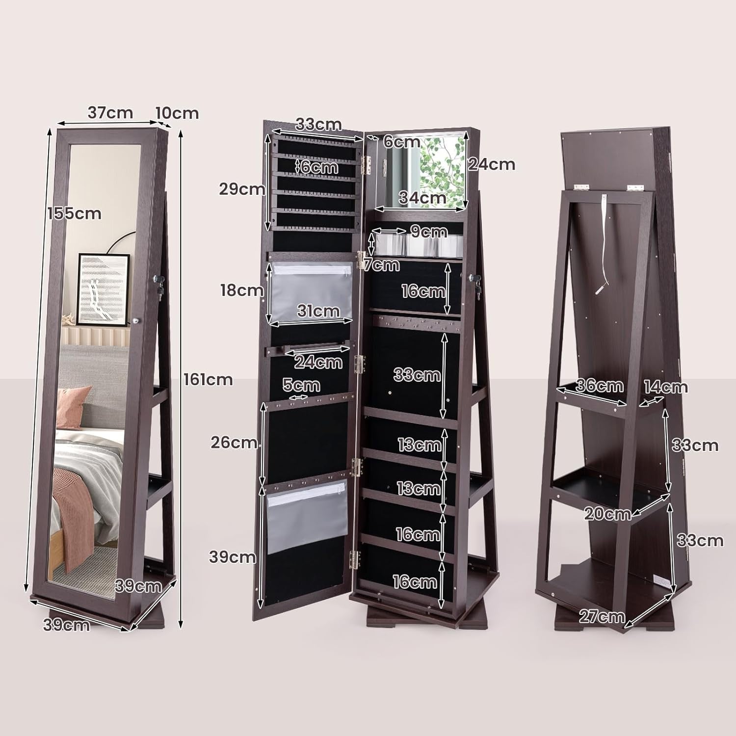 360° Swivel Jewelry Armoire Mirror Lockable Storage Cabinet with Rear Shelves
