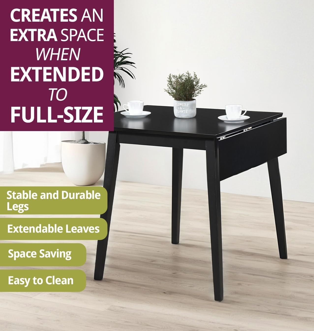 Small Black Drop Leaf Folding Dining Table Space-Saving Rectangular