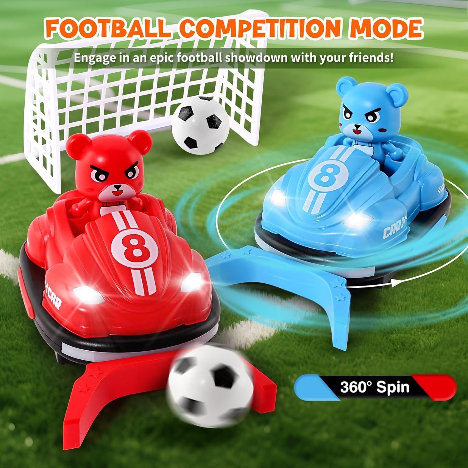 2PCS RC Bumper Car Set with Music Lights & Soccer Game for Kids 5-8