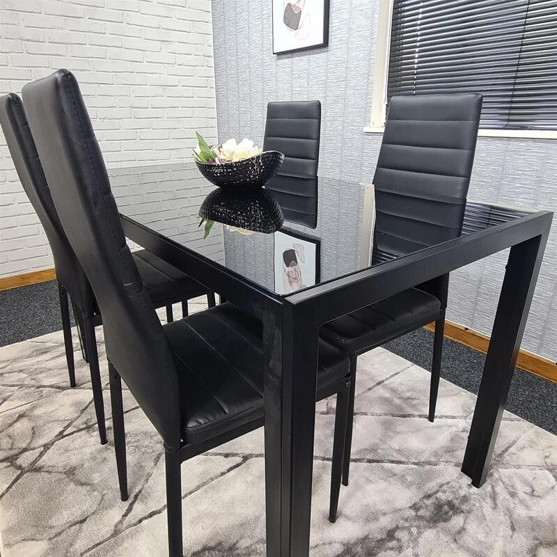 Black Glass Dining Table Set with 4 Leather Chairs Modern Kitchen 120cm