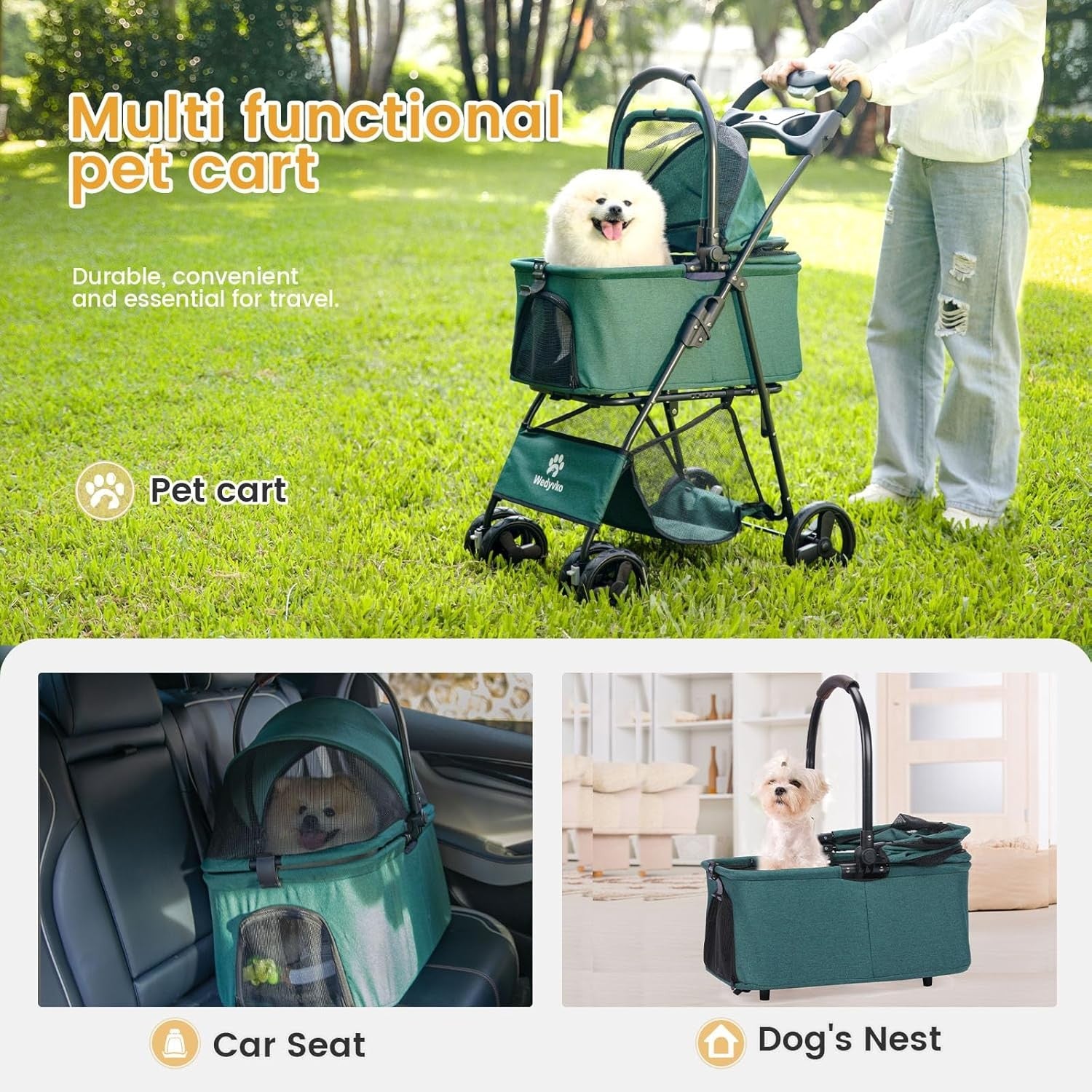 Dark Green 2-in-1 Dog Stroller Foldable Pet Pushchair Jogger for Small Dogs