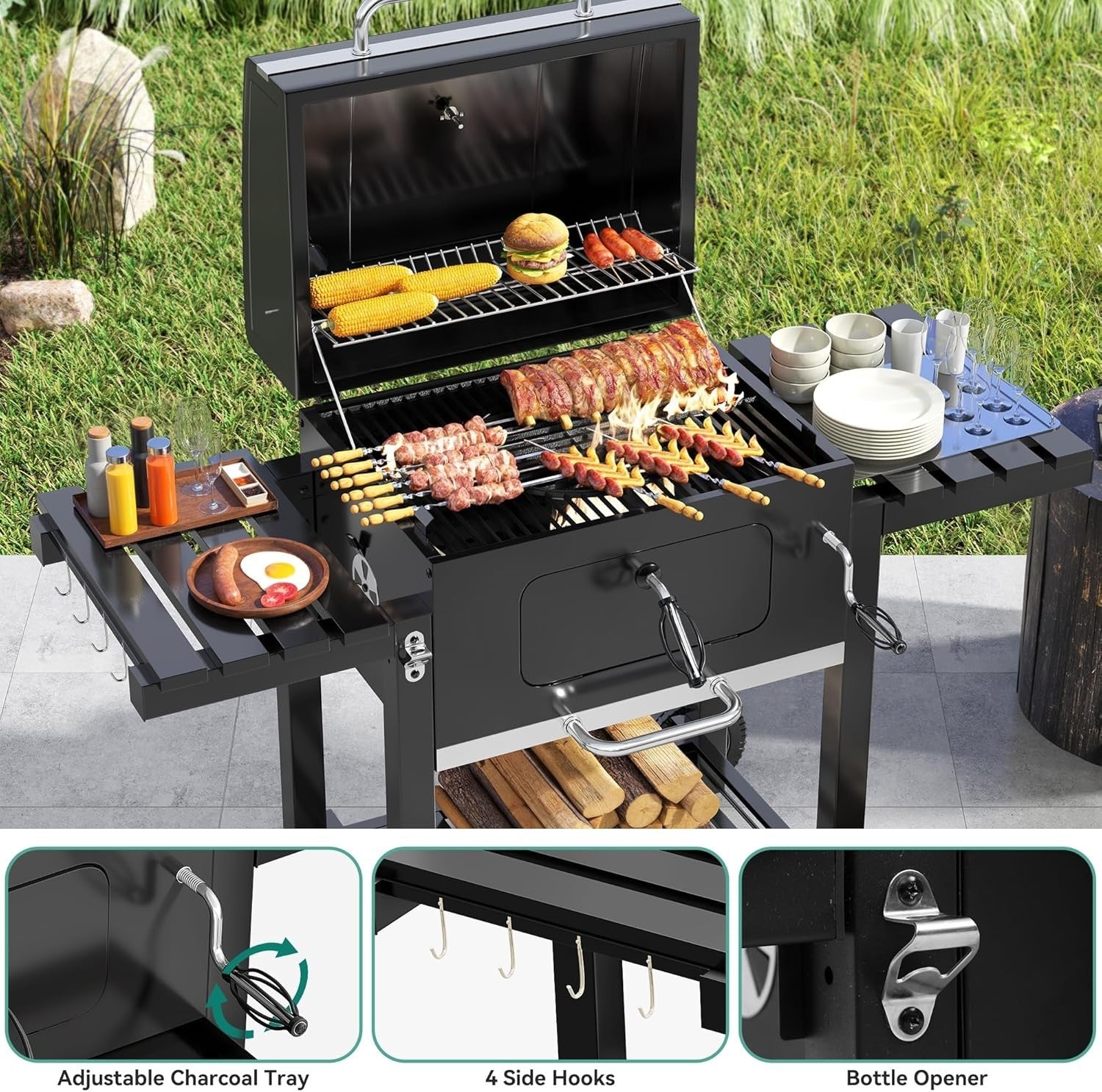 XXL Charcoal BBQ Grill Smoker with Adjustable Air Vents & Folding Tables