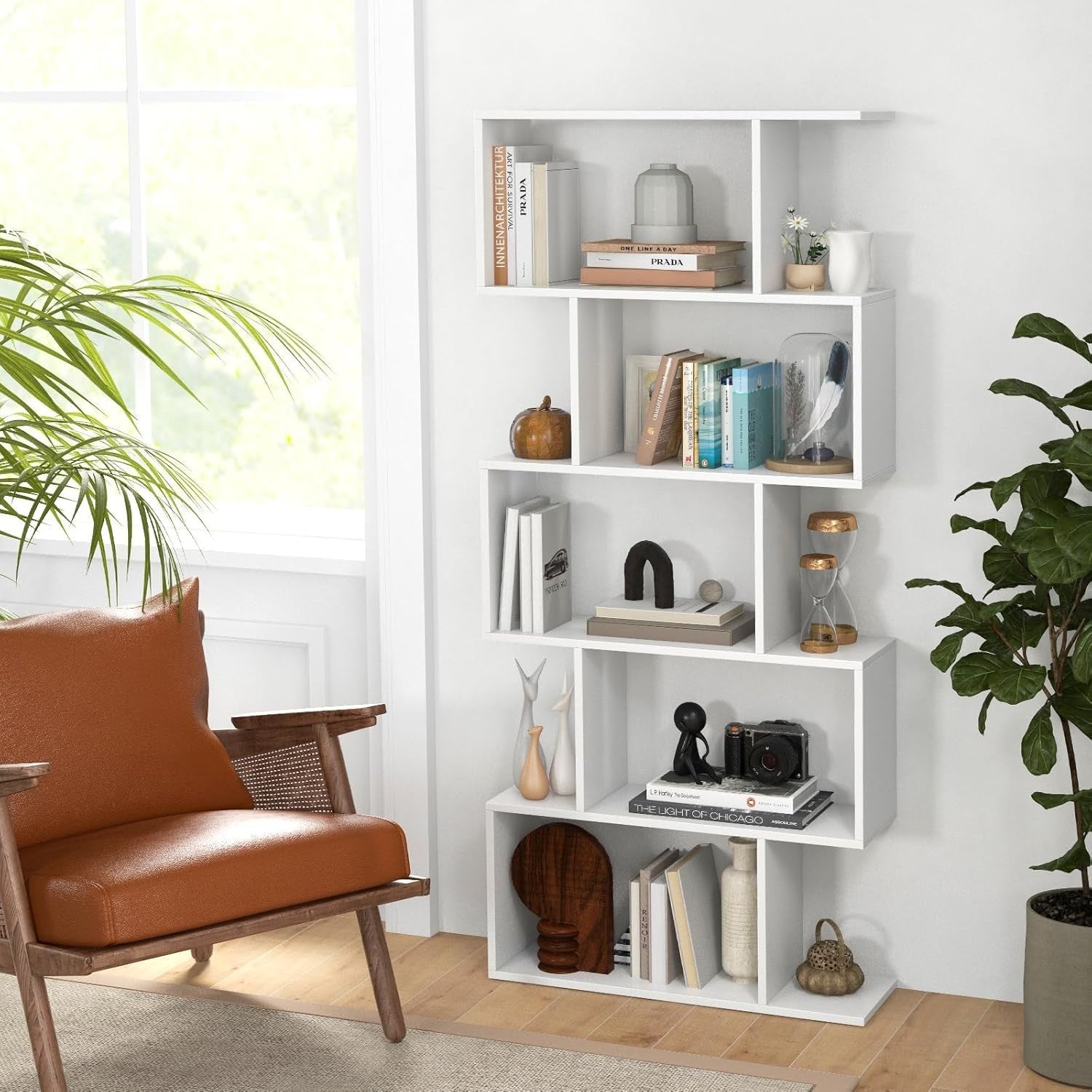 S Shaped 5 Tier Wooden Bookcase Freestanding Display Storage Shelf White