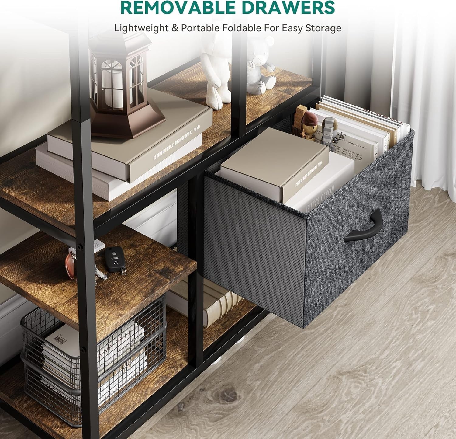 7-Tier Rustic Industrial Bookshelf with Drawers, Tall Display Storage Unit