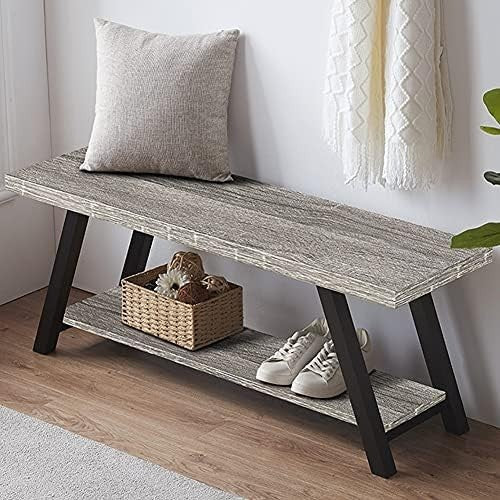 Light Grey Oak Farmhouse Entryway Storage Bench Metal Frame Shoe Rack Seat