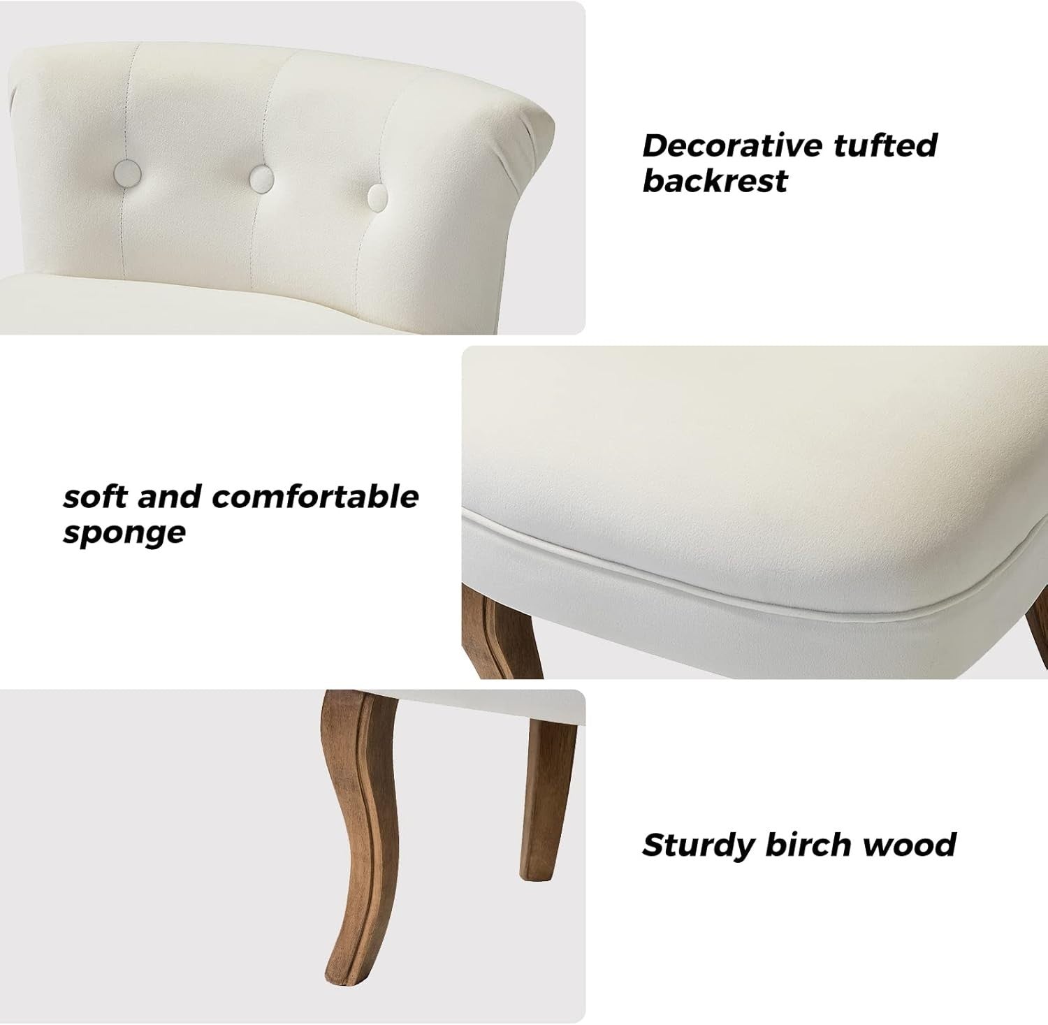 Ivory Velvet Vanity Stool – Low Back Upholstered Makeup Chair with Wood Legs