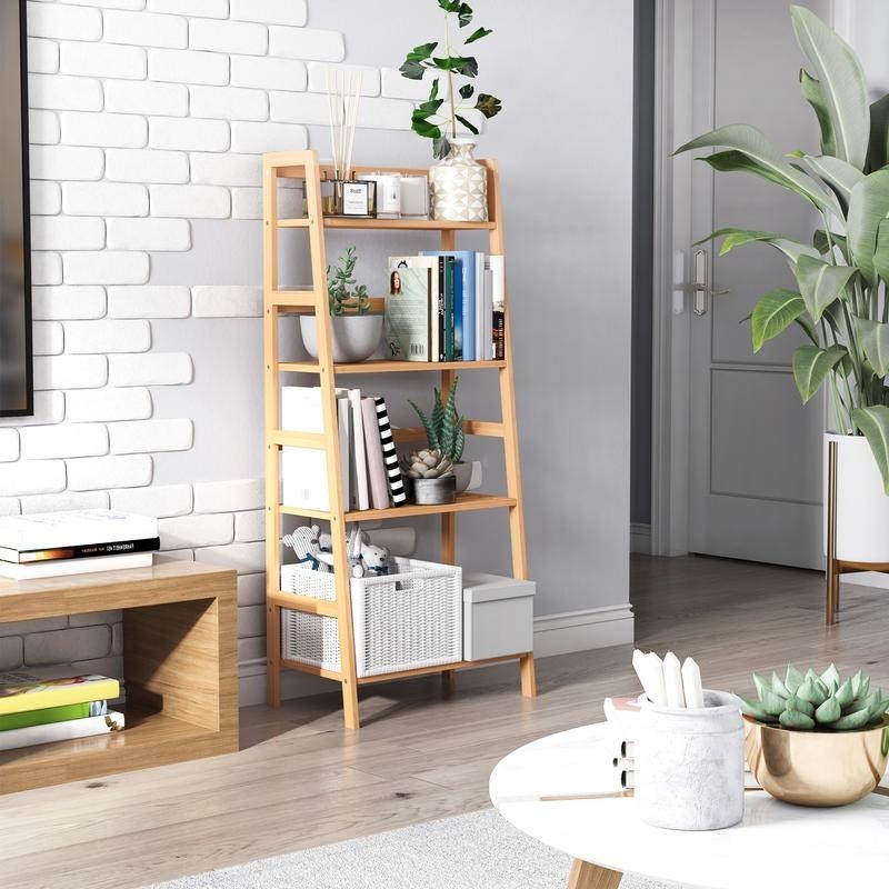 Bamboo 4-Tier Ladder Shelf Bookcase Display Rack for Plants, Towels, Books