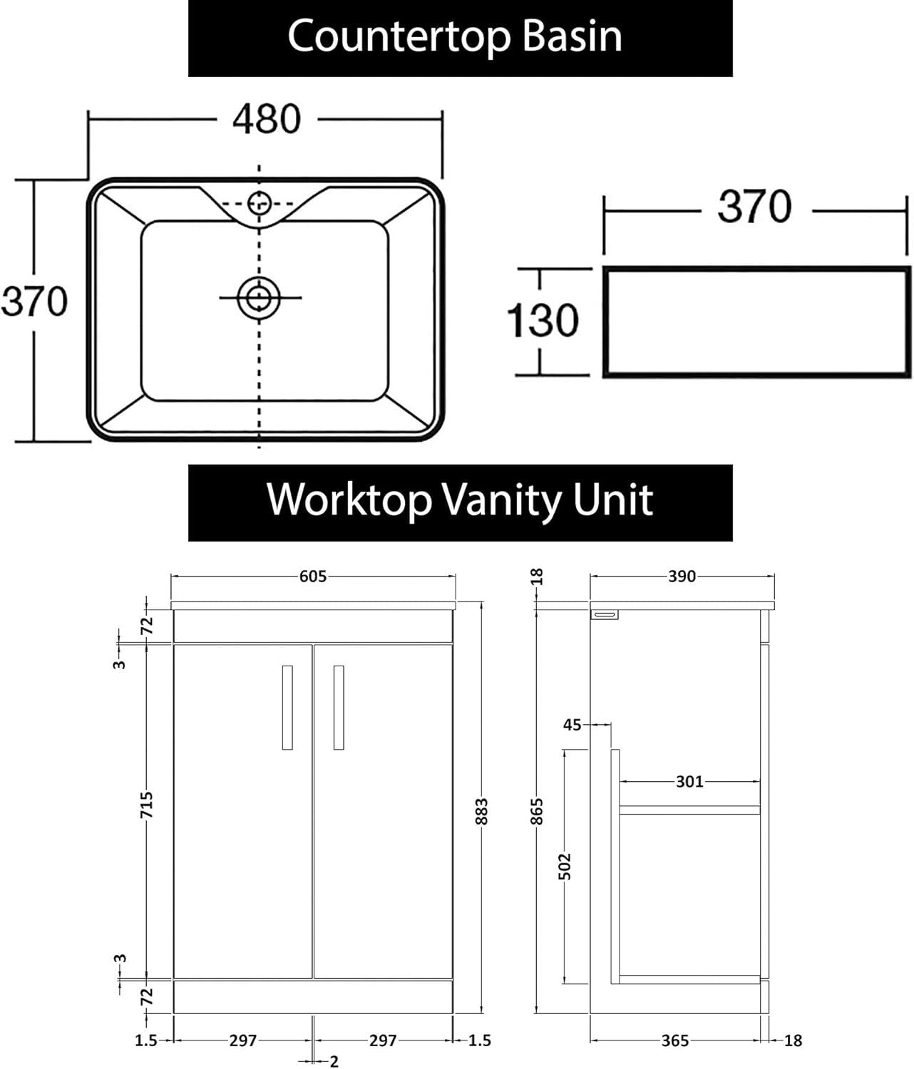 600mm Grey Gloss Floor Standing Vanity Unit with Basin 2 Door Sink Cabinet