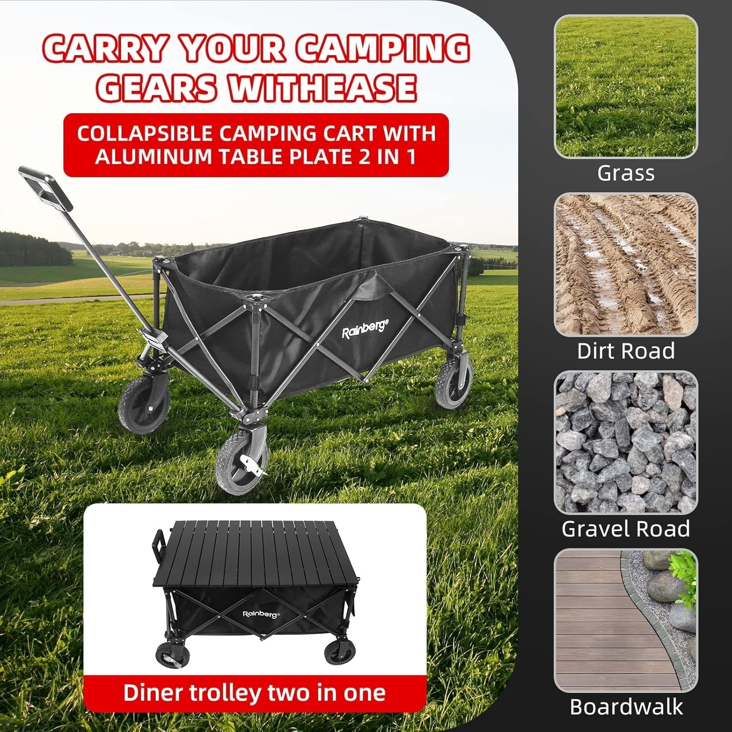 Black Folding Camping Wagon 120kg Trolley w/ Table Top, Adjustable Handle & Bag