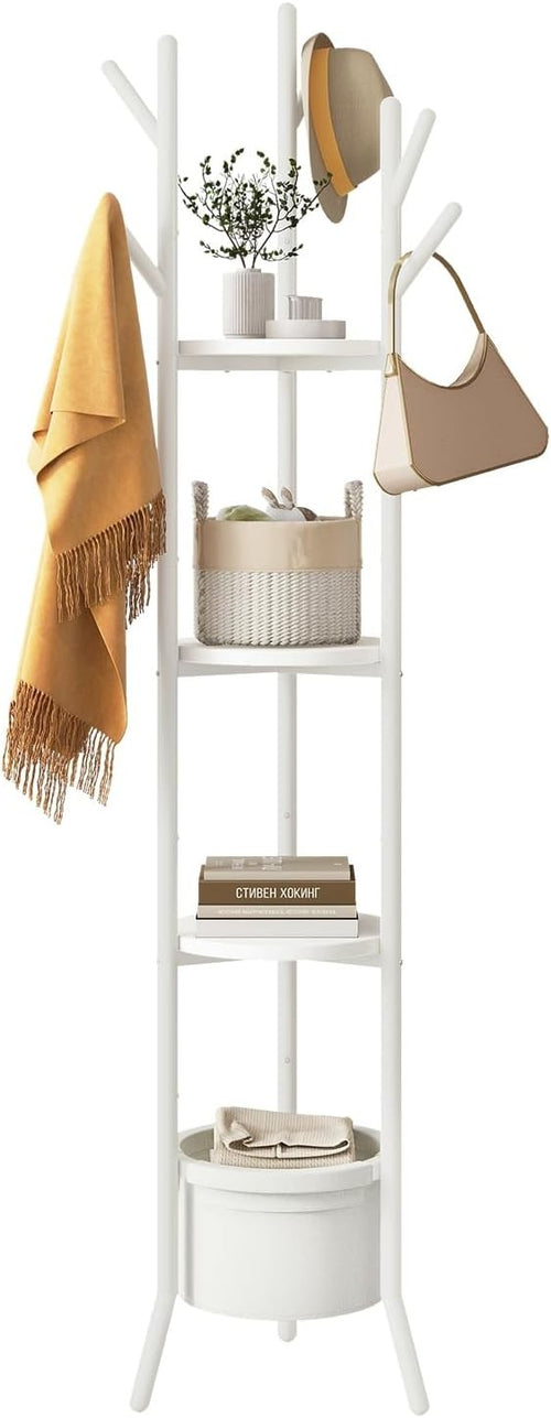 White Freestanding Coat Rack with Shelves | 169cm Metal Hall Tree Stand