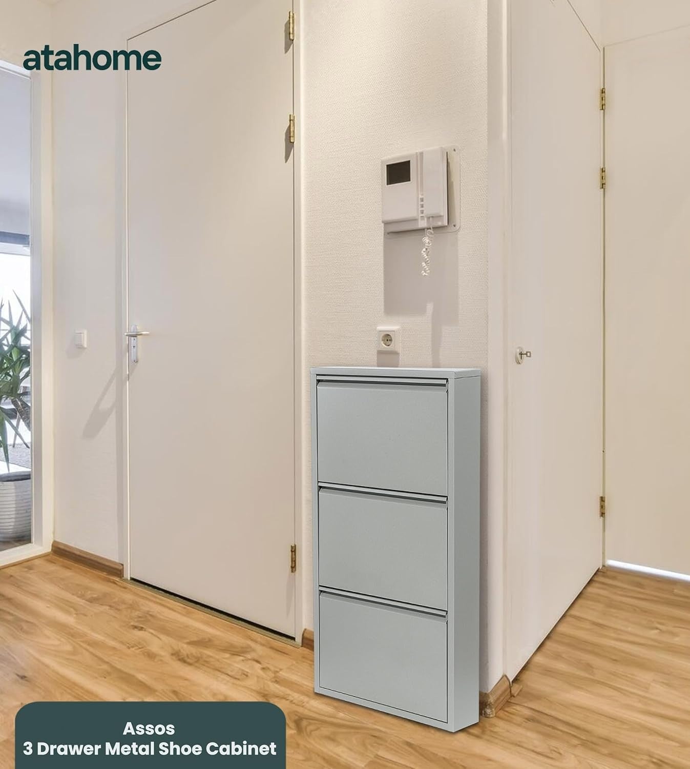 Slim Wall Mounted Shoe Cabinet 3 Drawer Metal Organizer Grey 104cm
