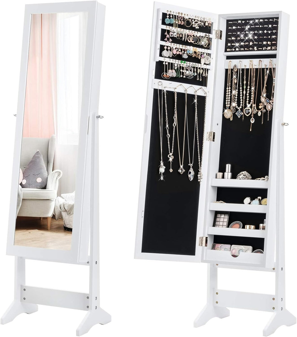 White Adjustable Jewelry Cabinet Mirror Freestanding Storage Armoire