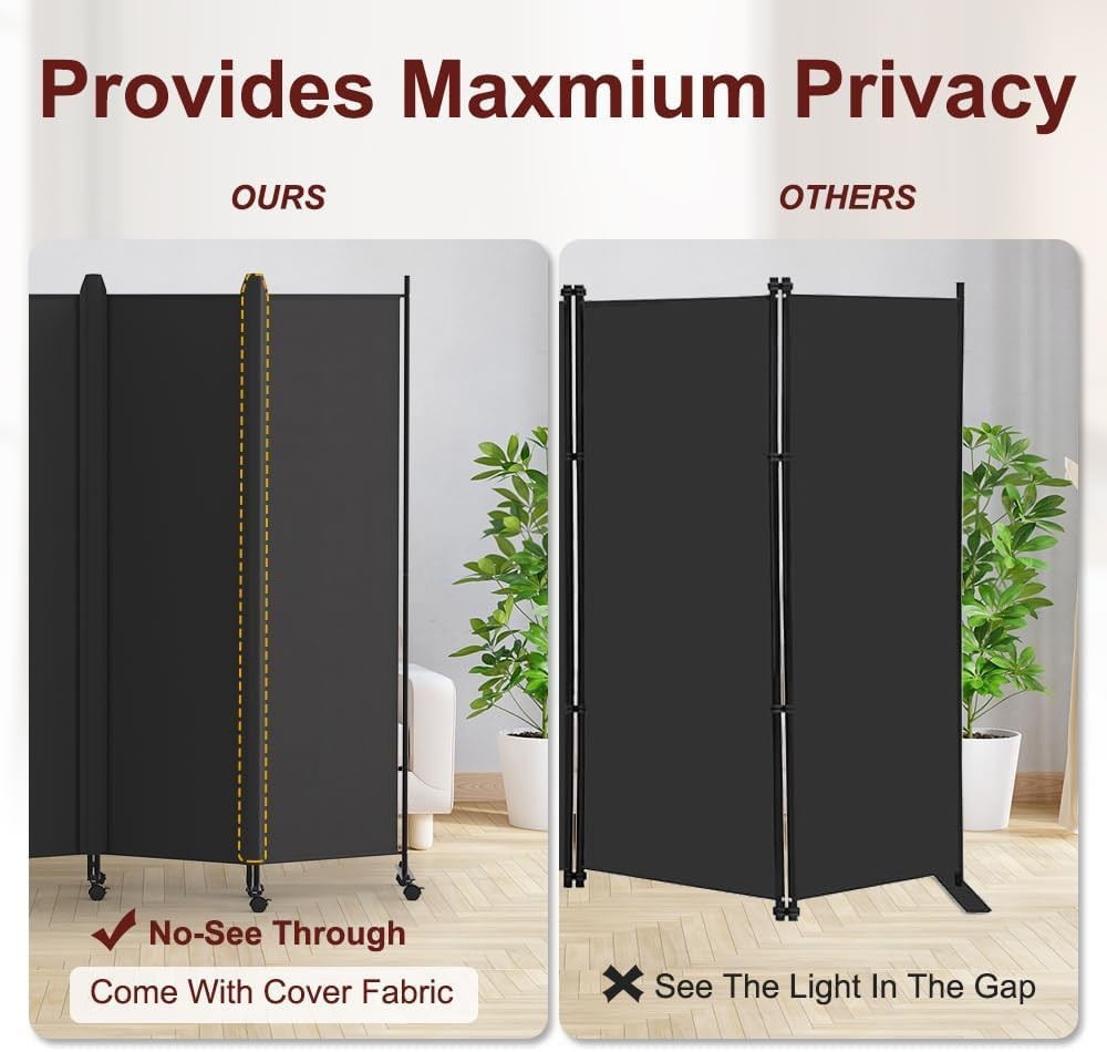 4 Panel Folding Room Divider Freestanding Privacy Screen with Lockable Wheels Bl