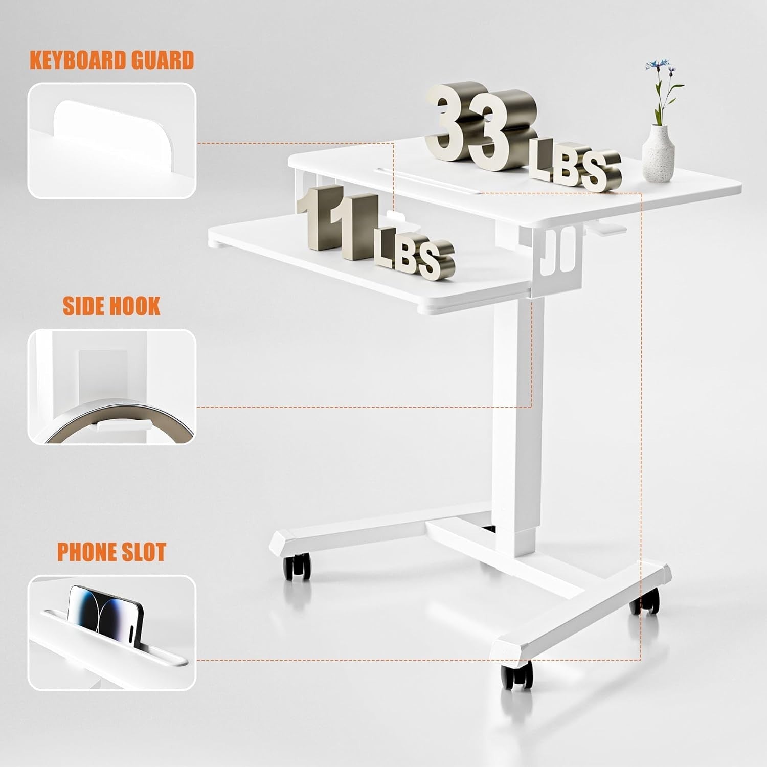 Compact Adjustable Standing Desk 65x45cm Two-Tier Mobile Workstation White