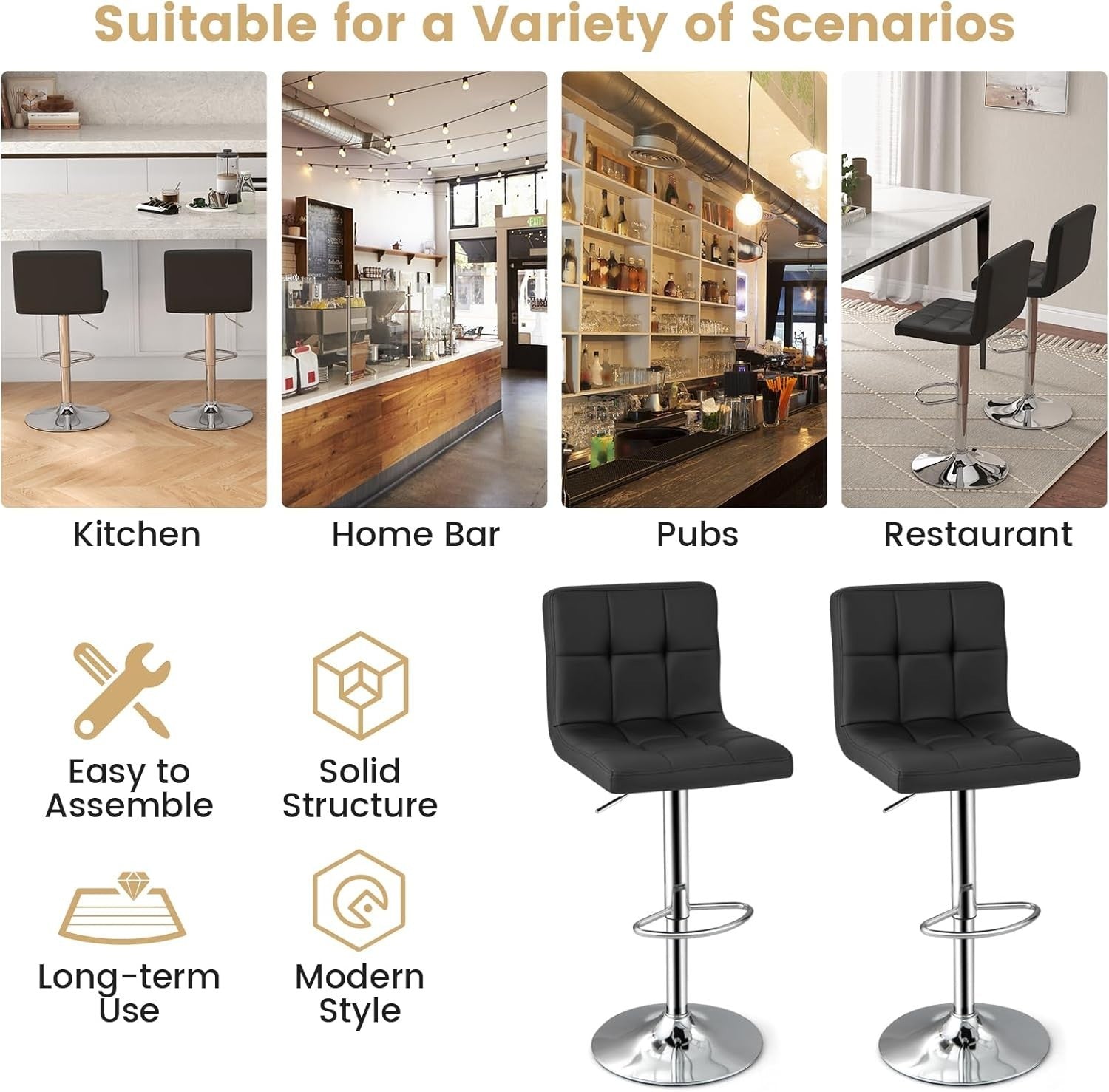 Set of 2 Adjustable Brown PU Leather Bar Stools with Swivel & Footrest