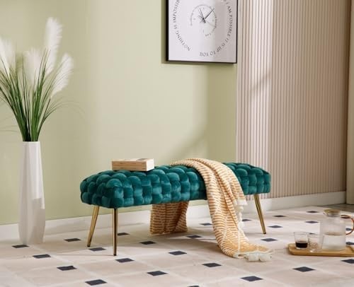 Velvet Ottoman Bench with Gold Metal Legs, Green Upholstered Entryway Seat