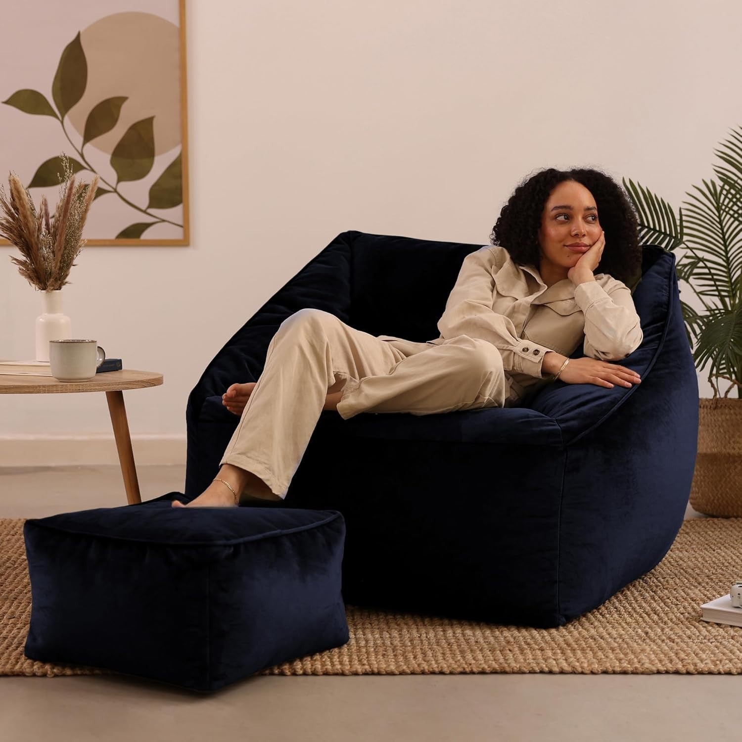 Midnight Blue Velvet Bean Bag Chair Adult Armchair with Footstool Set