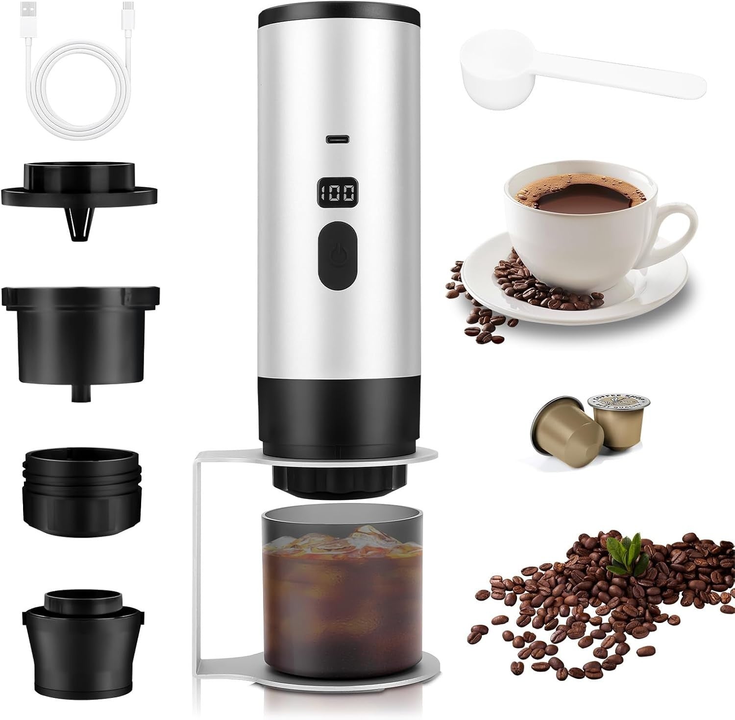 Portable Self-Heating Espresso Maker 15Bar Travel Capsule & Ground Coffee