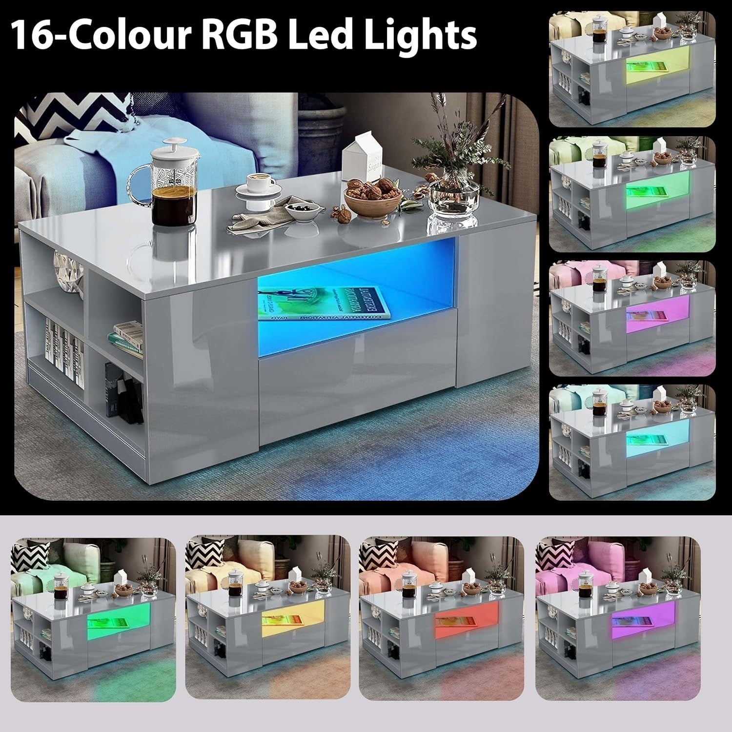 Grey High Gloss Coffee Table with 2 Drawers, LED RGB Lights & Storage 95x55x37cm