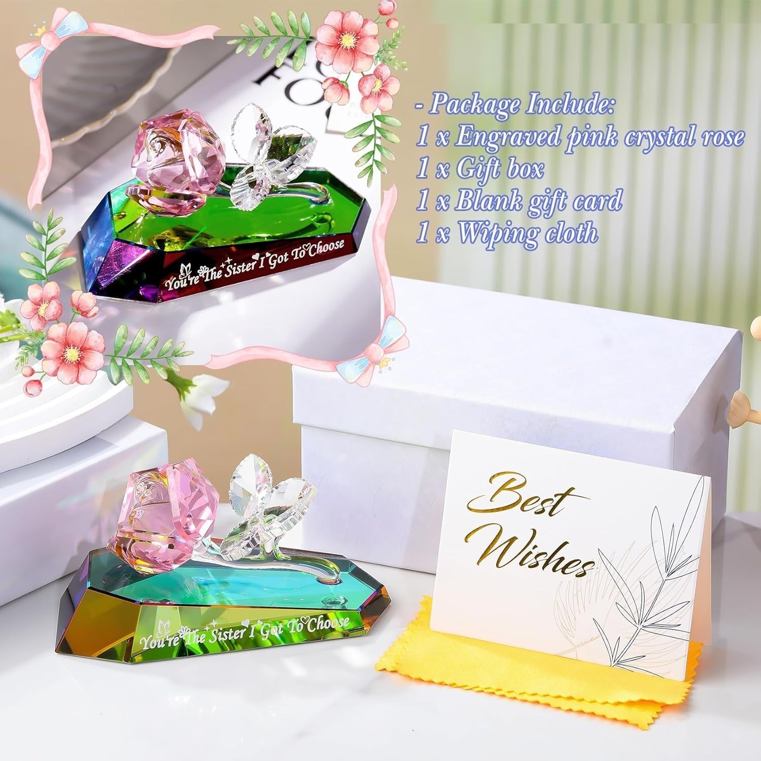 Crystal Rose Ornament Gift for Sister – Decorative Multicolour Glass Flower