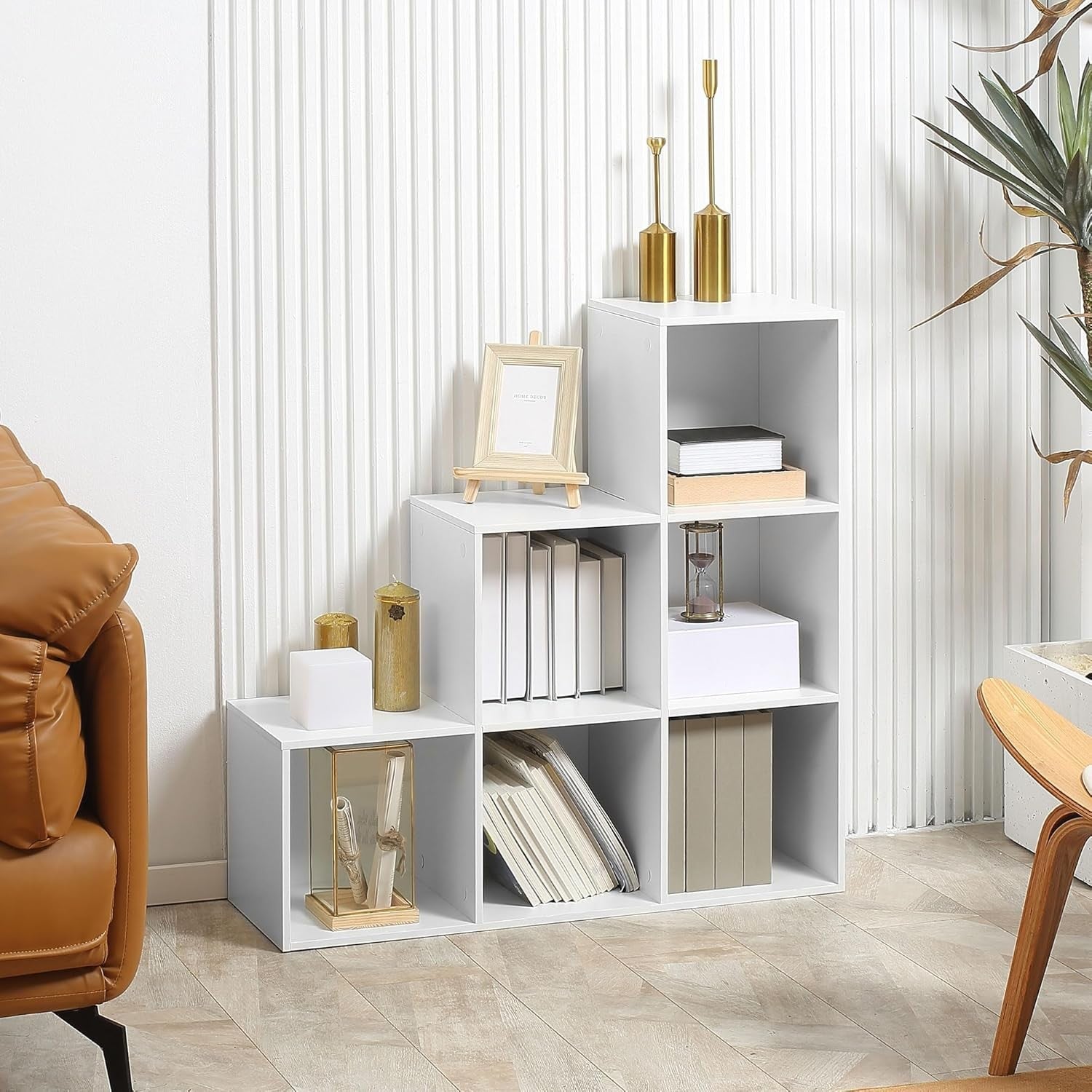 Modern 3-Tier Cube Storage Shelf, 6 Cube Bookcase Unit, Freestanding Step Design