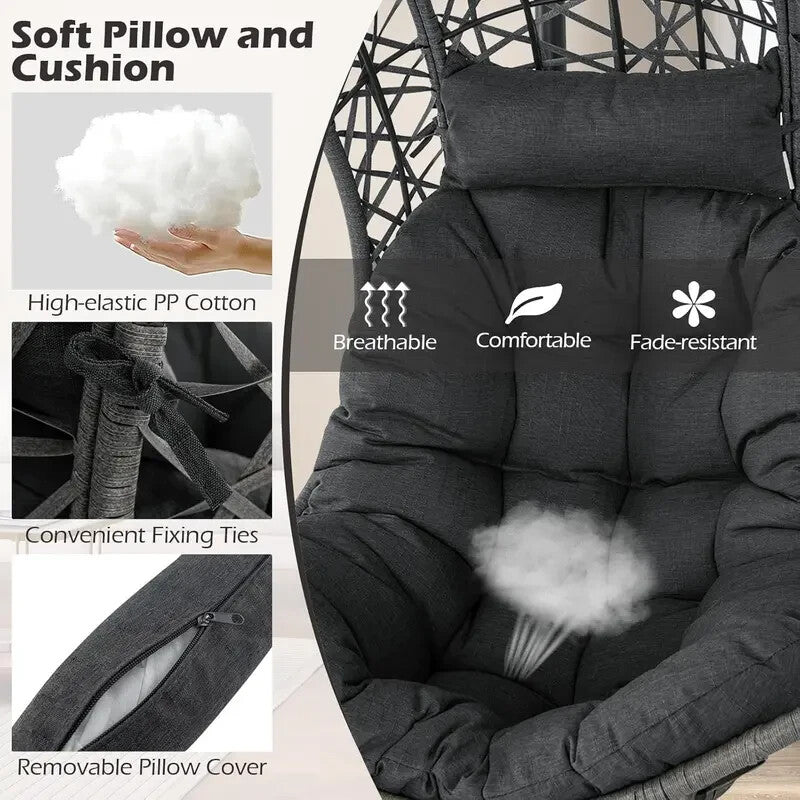 Hanging Rattan Egg Chair with Stand, Cushion & Pillow | Indoor Outdoor