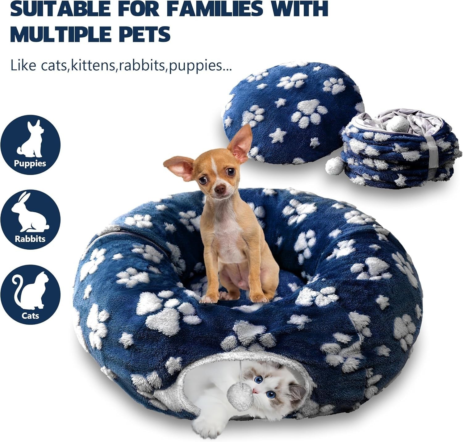 Cat Donut Tunnel Bed Peekaboo Cave w Cushion & Hanging Ball Navy
