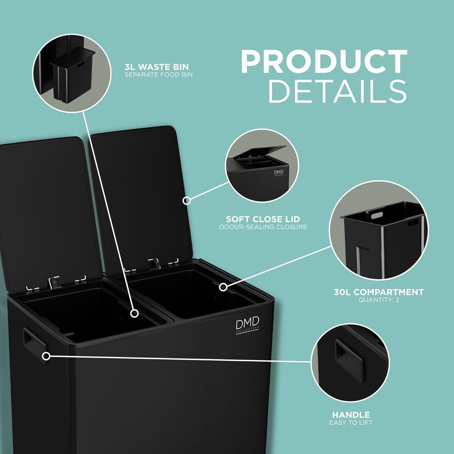 60L Matt Black Recycling Bin 2x30L + 3L Compost Pedal