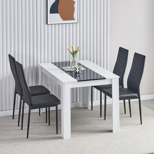 Modern White 4-Seater Dining Table Set with Black Leather Chairs