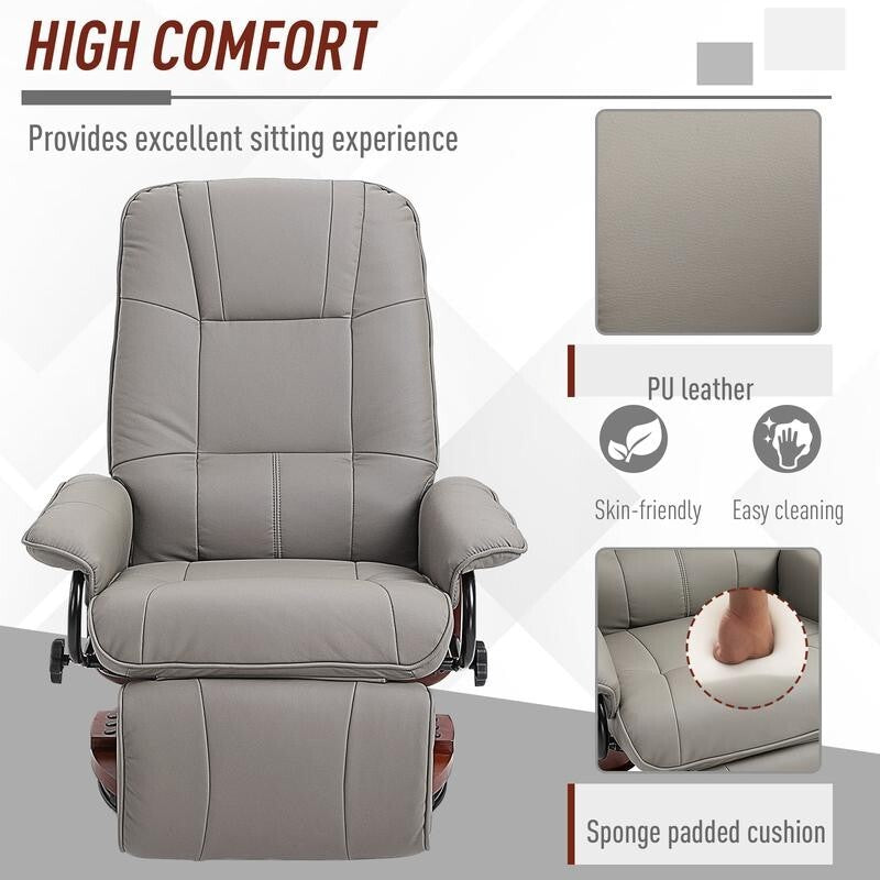 Manual Recliner Armchair Chair Faux Leather Wood Base Swivel Lounge Grey