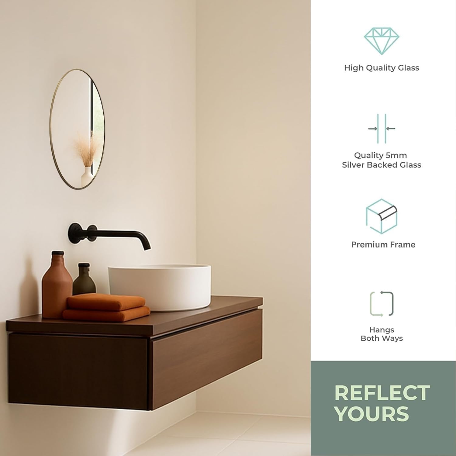 Oval Gold Bathroom Mirror 50x40 cm, Stylish Framed Wall Mount