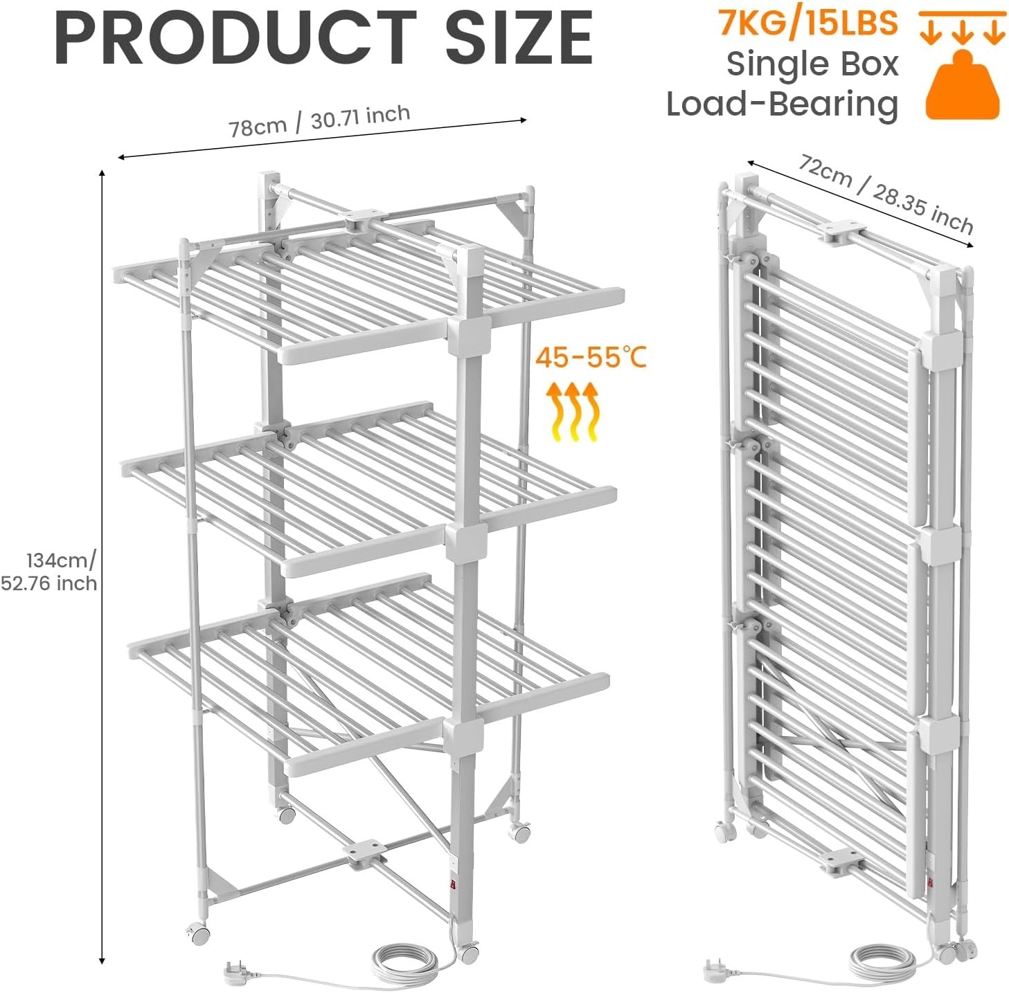 Heated Clothes Airer 3 Tier 36 Rails Electric Folding Indoor Dryer 21kg