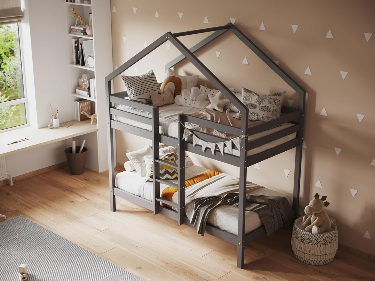 Kids Grey Bunk Bed with Roof Frame Pine Wood Sturdy Safe Sleep Space