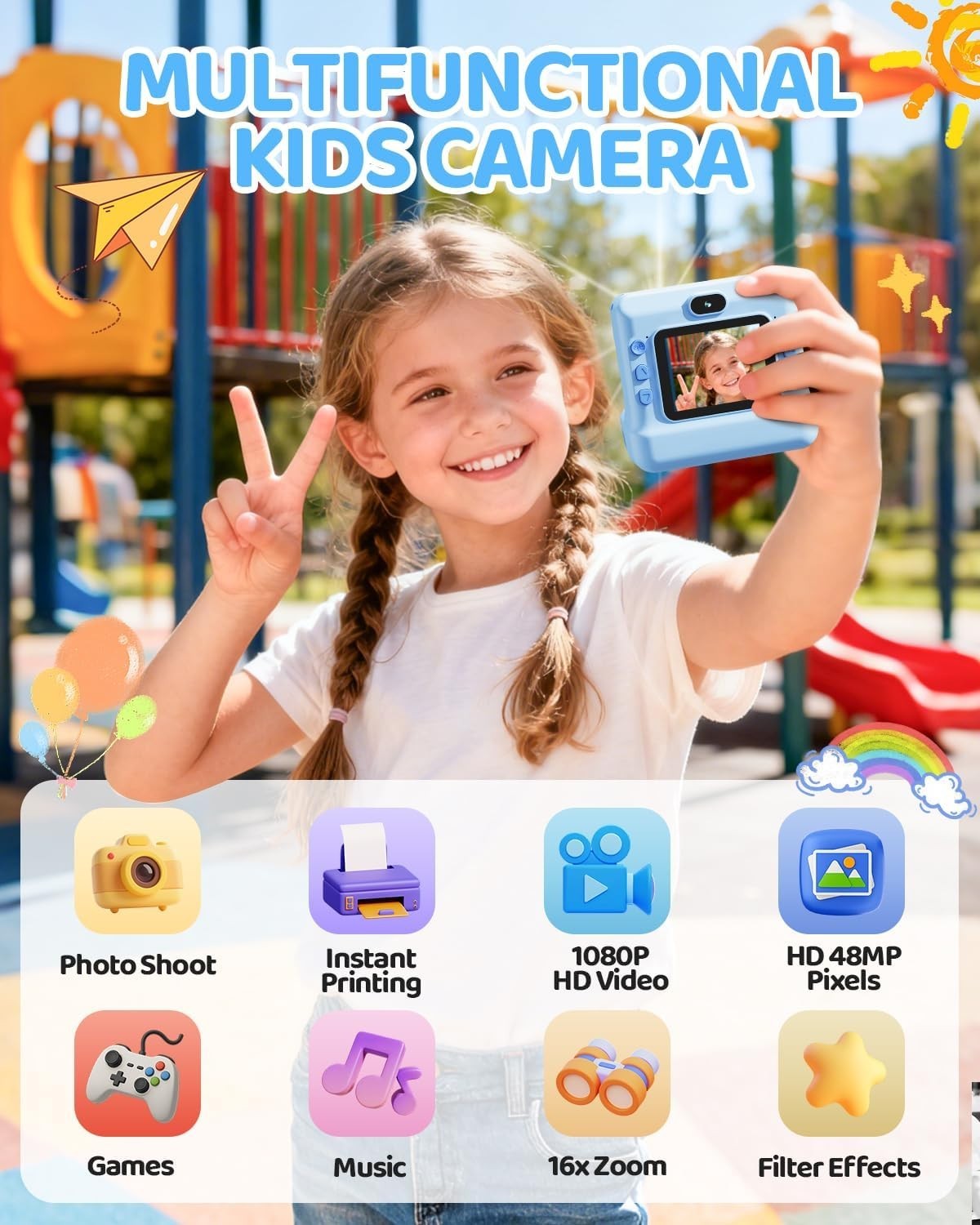 Kids Instant Print Camera 1080P HD Selfie Camera 32GB Card & Paper