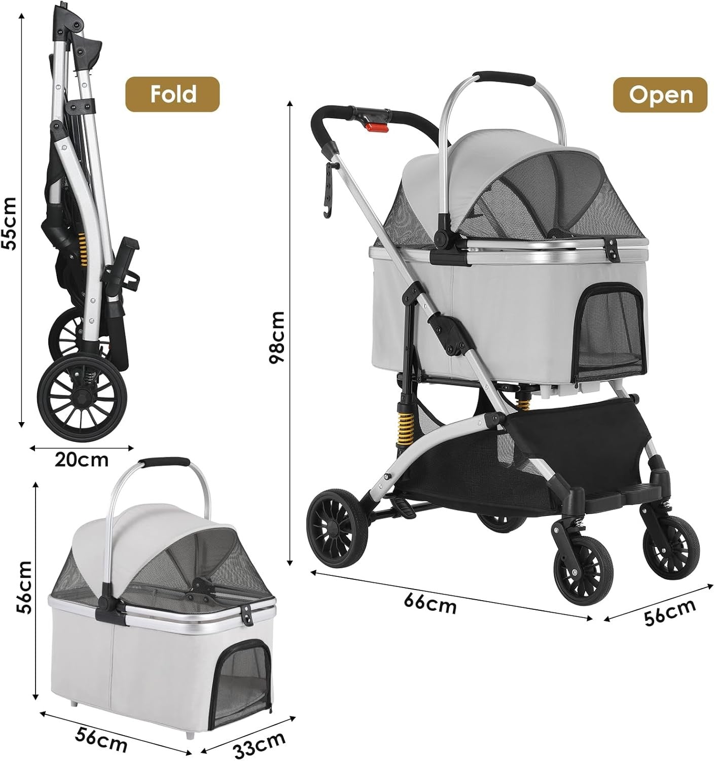 3 in 1 Dog Stroller Folding Pet Pram 360 Wheels Travel Carrier Storage Grey