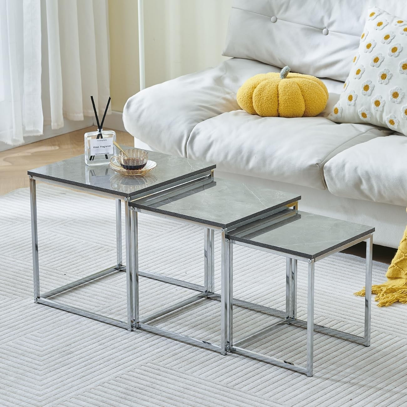 3 Nesting Coffee Side Tables Set Grey Marble Wood Square Space Saving Accent