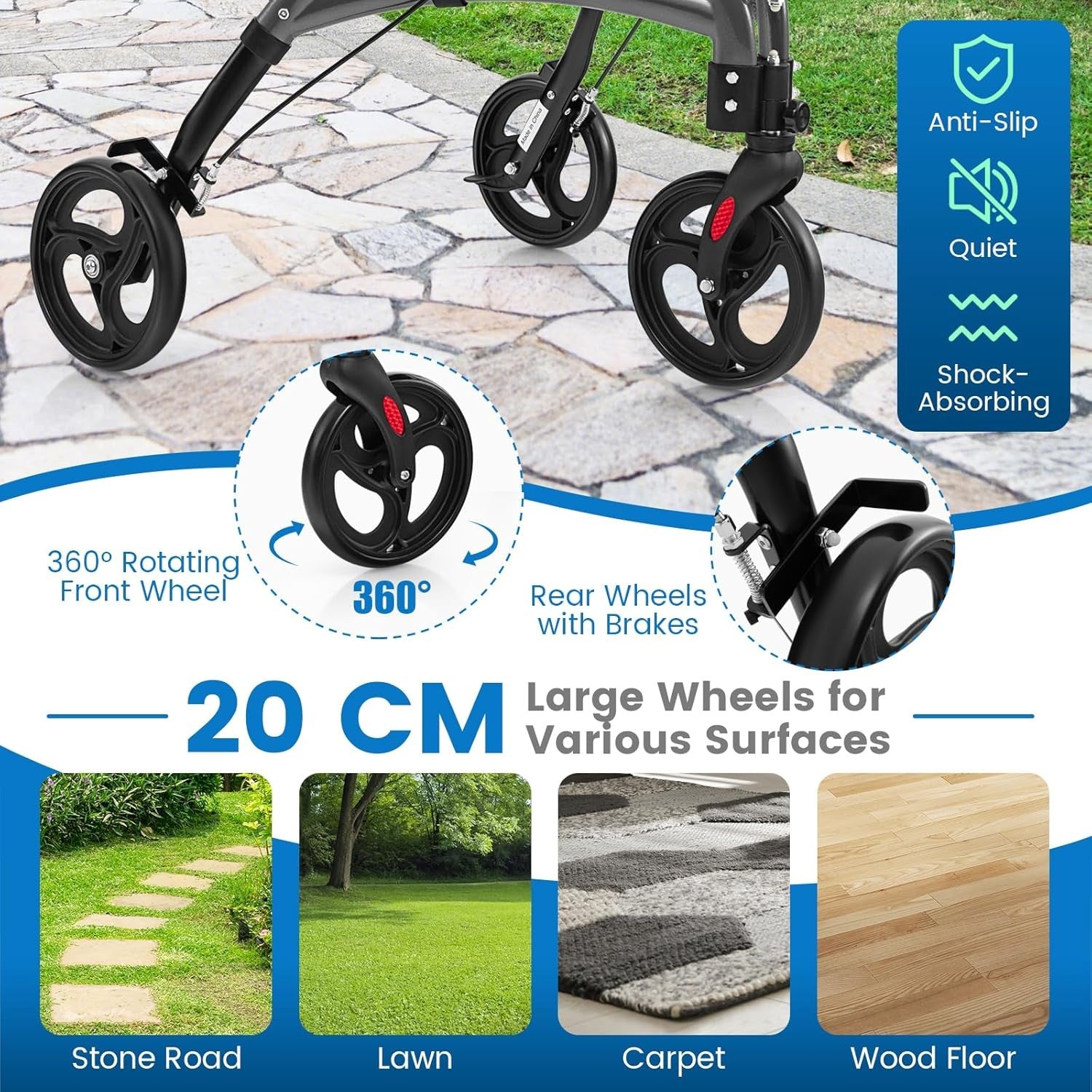 3 Wheel Folding Rollator Walker Lightweight Adjustable Mobility Aid