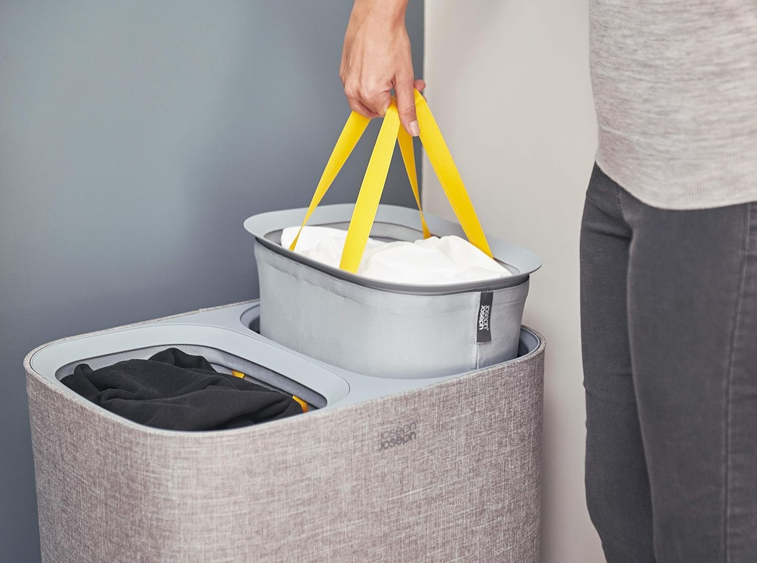 90L Dual Compartment Laundry Basket with Lid Removable Bags Grey Modern
